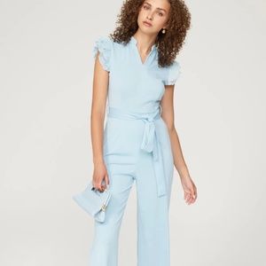Area Stars Rent the runway Ruffle sleeve jumpsuit blue crepe sz XS $150